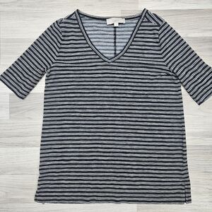 Loft Womens Black Stripe T-shirt V-neck Size Medium